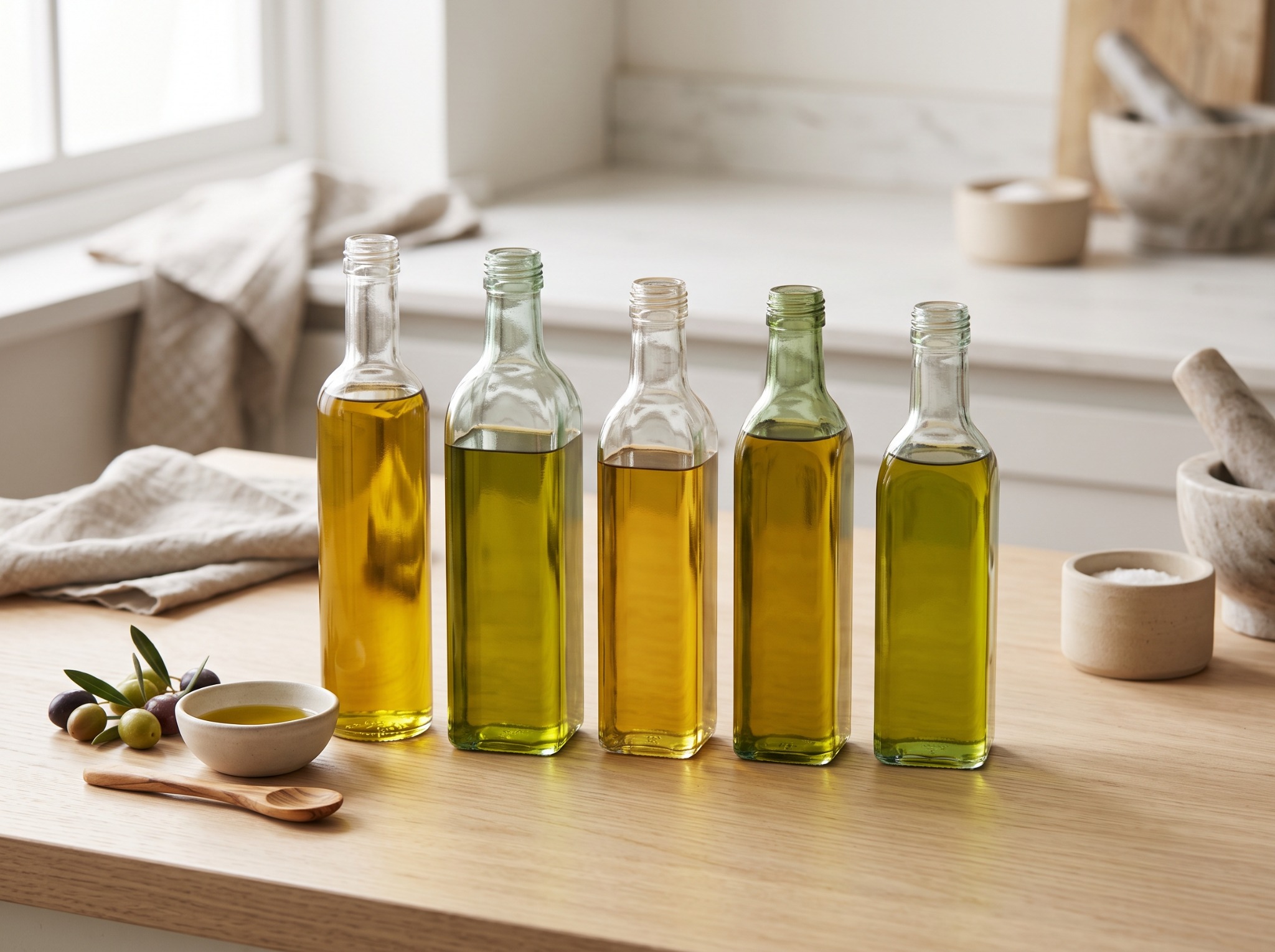 Garrafas de azeite extra virgem em uma cozinha
